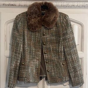 Kasper Tweed Blazer with Faux Fur Collar